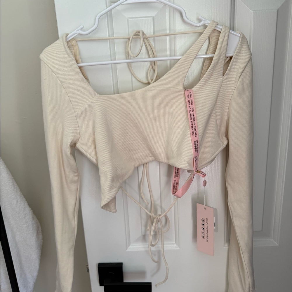 Oh Polly Cream Asymmetrical One-Shoulder Long-Sleeve Crop Top